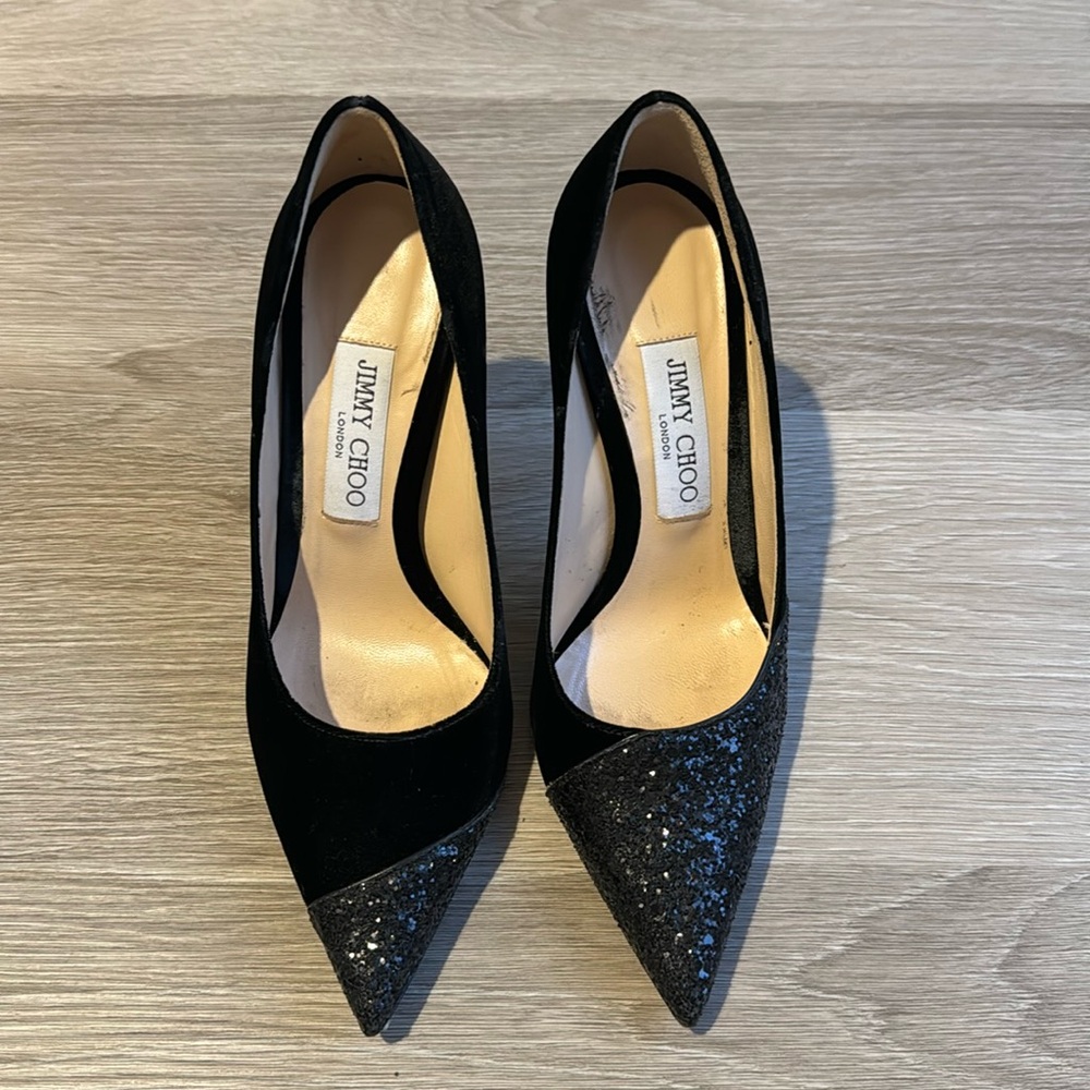 Jimmy Choo Love 100 Velvet Asymmetrical Glitter Toe Pumps Black